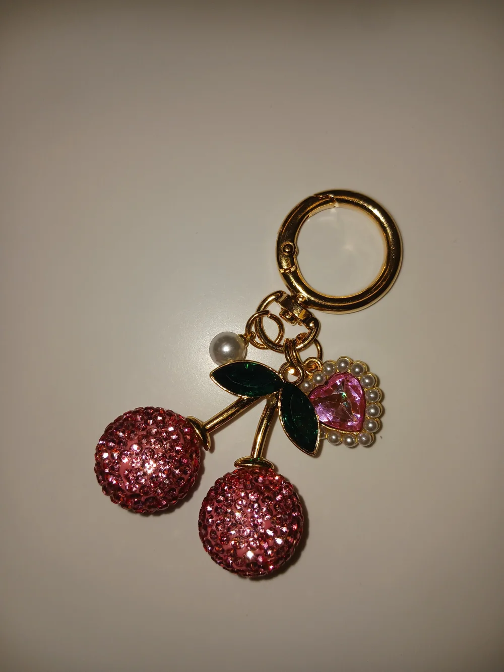 Pink  Cherry Keychain with Heart Charm